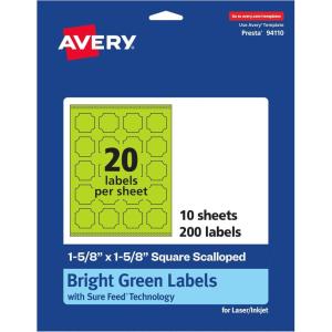 imageAvery Printable Square Scalloped Labels Sure Feed Technology 158quot x 158quot Bright Green Labels PrinttoTheEdge LaserInkjet Printable 200 Total Great for Cosmetics and Jars200 labels
