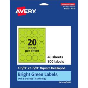 imageAvery Printable Square Scalloped Labels Sure Feed Technology 158quot x 158quot Bright Green Labels PrinttoTheEdge LaserInkjet Printable 200 Total Great for Cosmetics and Jars800 labels