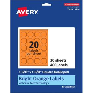 imageAvery Printable Square Scalloped Labels Sure Feed Technology 158quot x 158quot Bright Orange Labels PrinttoTheEdge LaserInkjet Printable 200 Total Great for Cosmetics and Jars400 labels