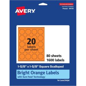 imageAvery Printable Square Scalloped Labels Sure Feed Technology 158quot x 158quot Bright Orange Labels PrinttoTheEdge LaserInkjet Printable 200 Total Great for Cosmetics and Jars1 600 labels