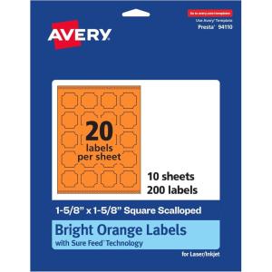 imageAvery Printable Square Scalloped Labels Sure Feed Technology 158quot x 158quot Bright Orange Labels PrinttoTheEdge LaserInkjet Printable 200 Total Great for Cosmetics and Jars200 labels