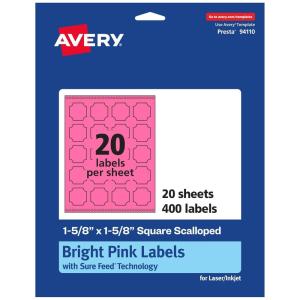 imageAvery Printable Square Scalloped Labels Sure Feed Technology 158quot x 158quot Bright Pink Labels PrinttoTheEdge LaserInkjet Printable 200 Total Great for Cosmetics and Jars400 labels