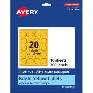 imageAvery Printable Square Scalloped Labels Sure Feed Technology 158quot x 158quot Bright Yellow Labels PrinttoTheEdge LaserInkjet Printable 200 Total Great for Cosmetics and Jars200 labels