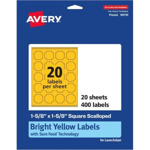 imageAvery Printable Square Scalloped Labels Sure Feed Technology 158quot x 158quot Bright Yellow Labels PrinttoTheEdge LaserInkjet Printable 200 Total Great for Cosmetics and Jars400 labels