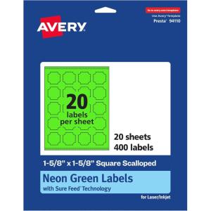 imageAvery Printable Square Scalloped Labels Sure Feed Technology 158quot x 158quot Neon Green Labels PrinttoTheEdge LaserInkjet Printable 200 Total Great for Cosmetics and Jars400 labels