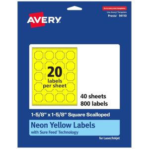 imageAvery Printable Square Scalloped Labels Sure Feed Technology 158quot x 158quot Neon Yellow Labels PrinttoTheEdge LaserInkjet Printable 400 Total Great for Cosmetics and Jars800 labels