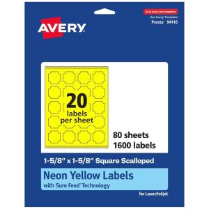 imageAvery Printable Square Scalloped Labels Sure Feed Technology 158quot x 158quot Neon Yellow Labels PrinttoTheEdge LaserInkjet Printable 400 Total Great for Cosmetics and Jars1 600 labels