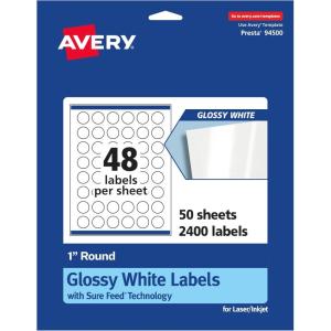 imageAvery Round Labels Sure Feed Technology 1quot Diameter 240 Glossy White Labels 364852 400 labels