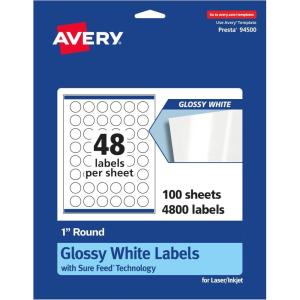 imageAvery Round Labels Sure Feed Technology 1quot Diameter 240 Glossy White Labels 364854 800 labels