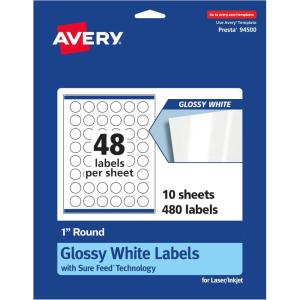 imageAvery Round Labels Sure Feed Technology 1quot Diameter 240 Glossy White Labels 36485480 labels