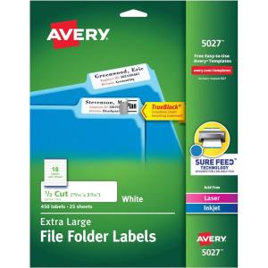 imageAvery TrueBlock Extra Large File Folder Labels 1516quot x 3716quot 450 Printable Labels White 50271516 inches x 3716 inches Pack of 5