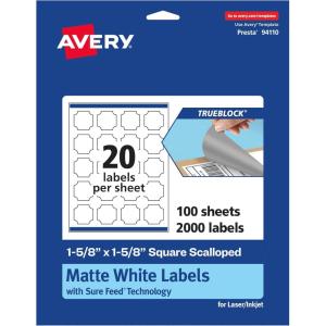 imageAvery TrueBlock Matte White Square Scalloped Labels with Sure Feed 158quot x 158quot 200 Matte White Labels PrinttoTheEdge LaserInkjet Printable Labels Great for Packaging and Product Labels2 000 labels