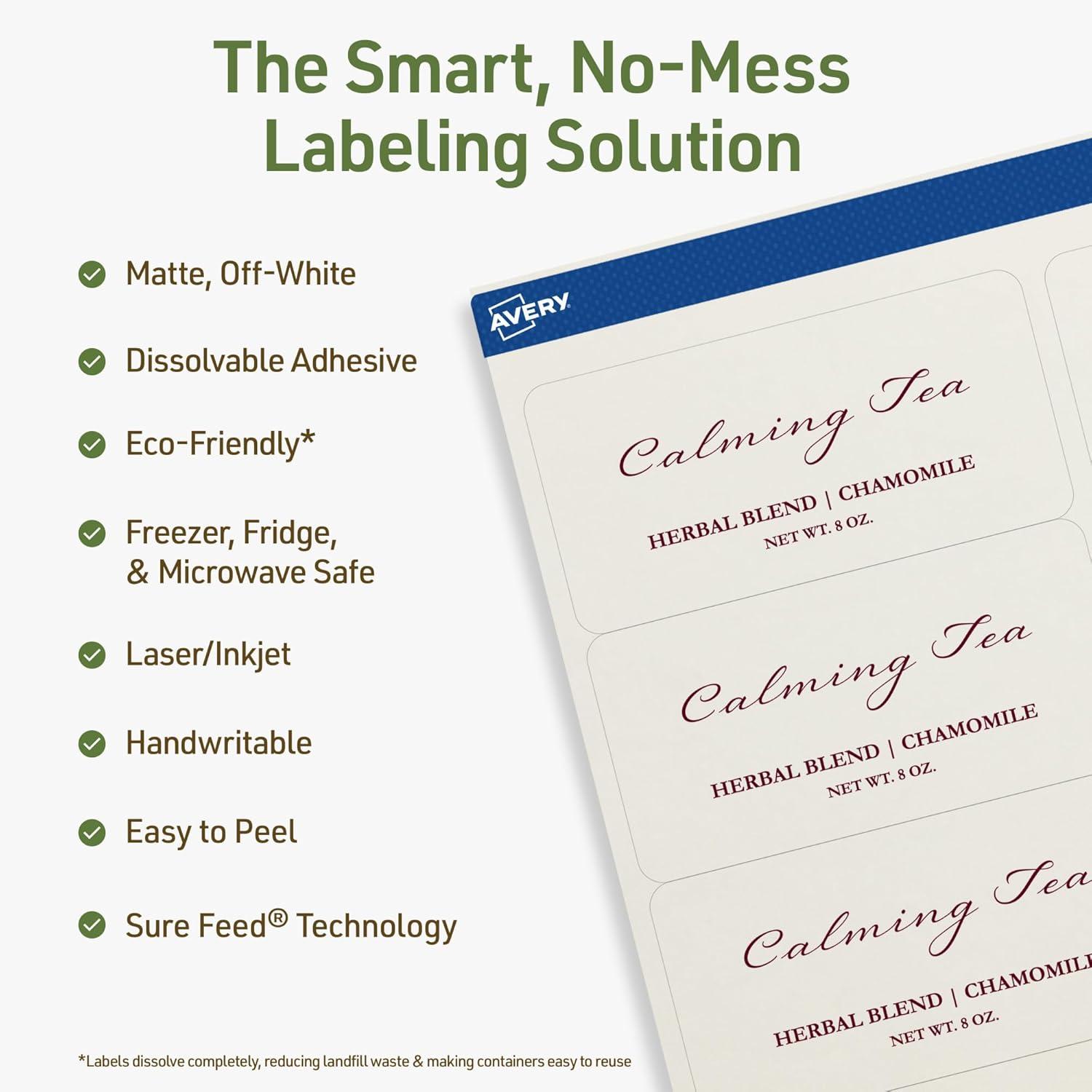imageAvery Dissolvable Rectangle Labels Sure Feed Technology 2quot x 4quot Matte White LaserInkjet Printable 250 Labels Total FreezerSafe MicrowaveSafe RefrigeratorSafe50 labels