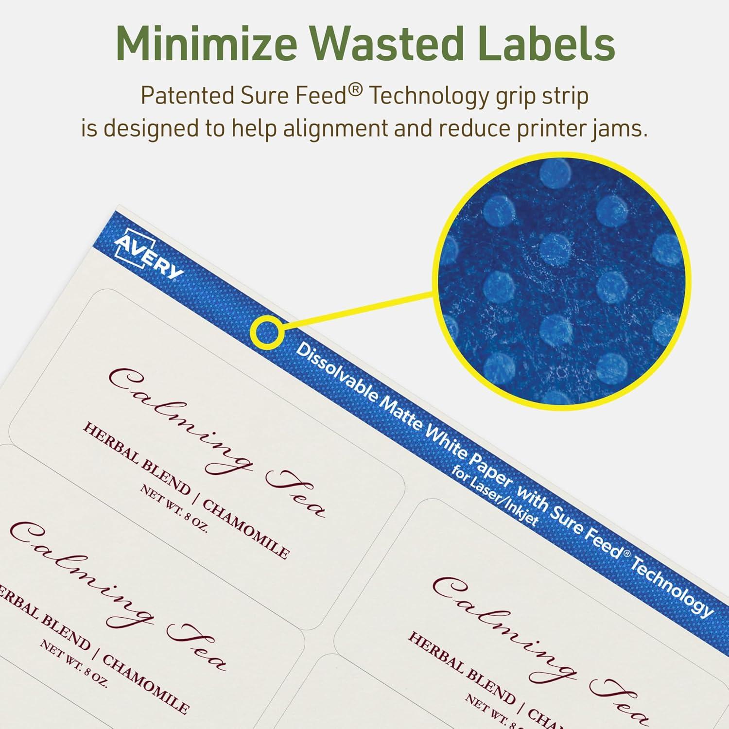 imageAvery Dissolvable Rectangle Labels Sure Feed Technology 2quot x 4quot Matte White LaserInkjet Printable 250 Labels Total FreezerSafe MicrowaveSafe RefrigeratorSafe50 labels
