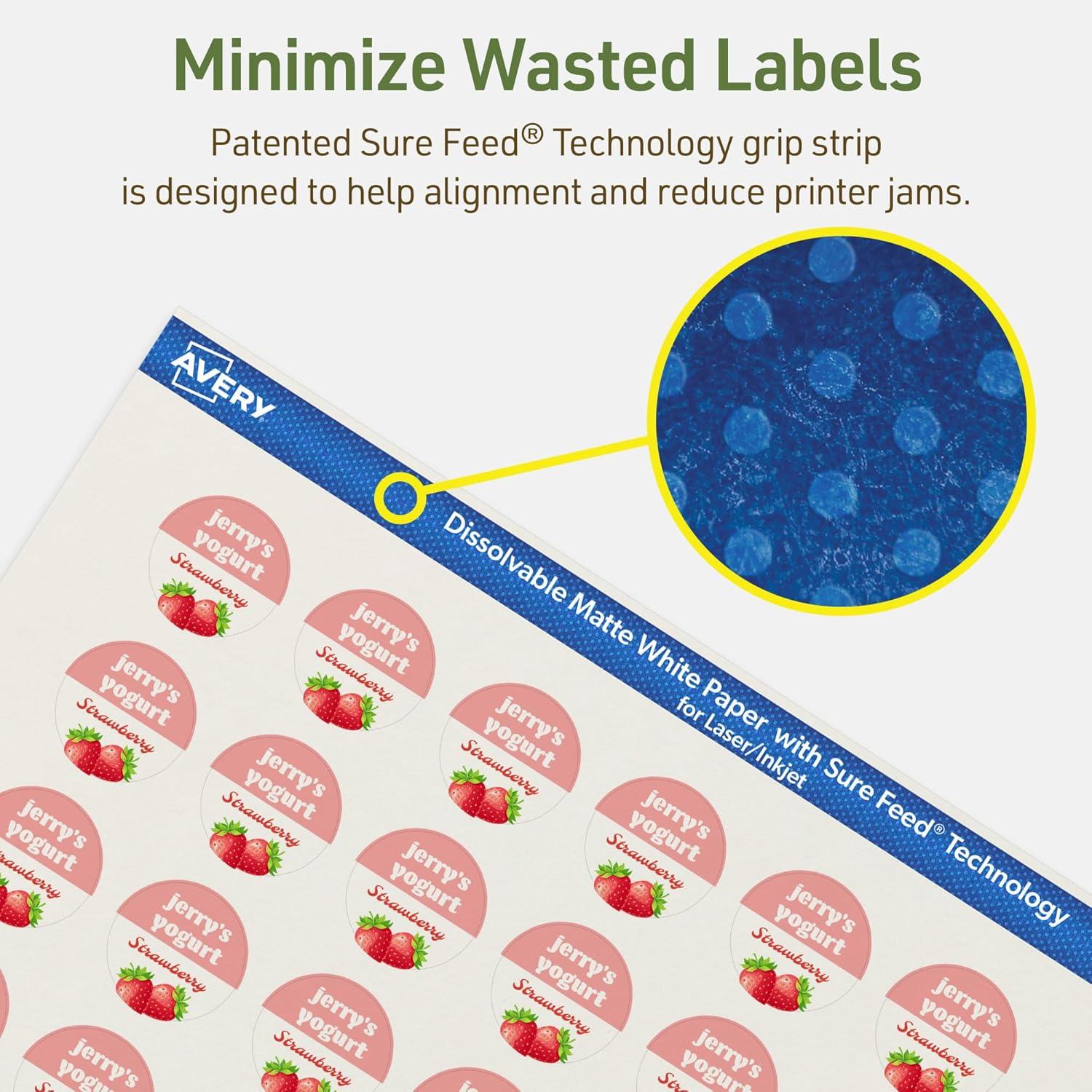 imageAvery Dissolvable Round Labels Sure Feed Technology 1quot Diameter Matte White PrinttoTheEdge LaserInkjet Printable 1200 Labels Total480 labels