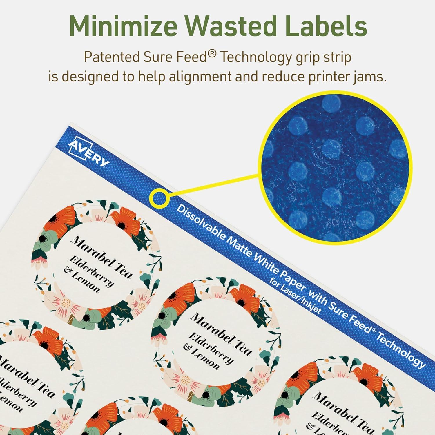 imageAvery Dissolvable Round Labels Sure Feed Technology 2quot Diameter Matte White PrinttoTheEdge LaserInkjet Printable 60 Labels Total120 labels