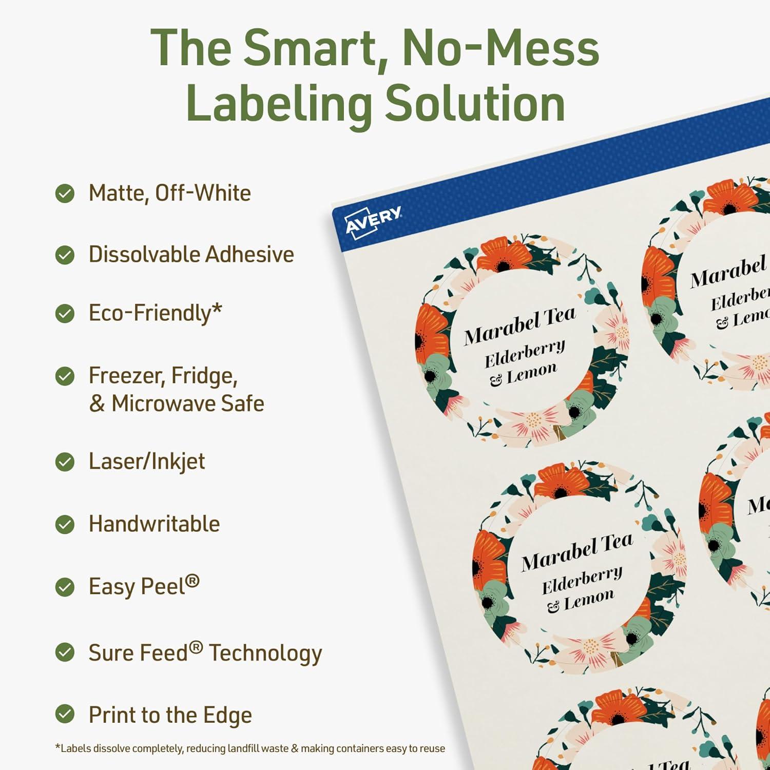 imageAvery Dissolvable Round Labels Sure Feed Technology 2quot Diameter Matte White PrinttoTheEdge LaserInkjet Printable 60 Labels Total120 labels