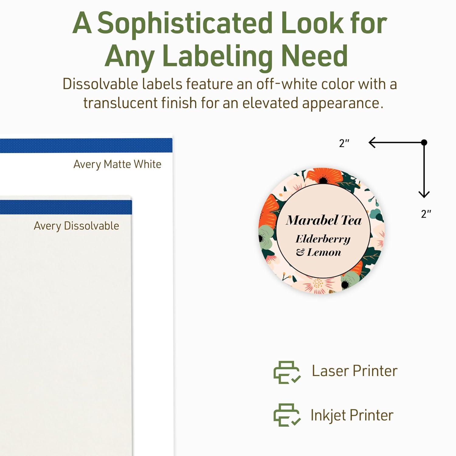 imageAvery Dissolvable Round Labels Sure Feed Technology 2quot Diameter Matte White PrinttoTheEdge LaserInkjet Printable 60 Labels Total300 labels