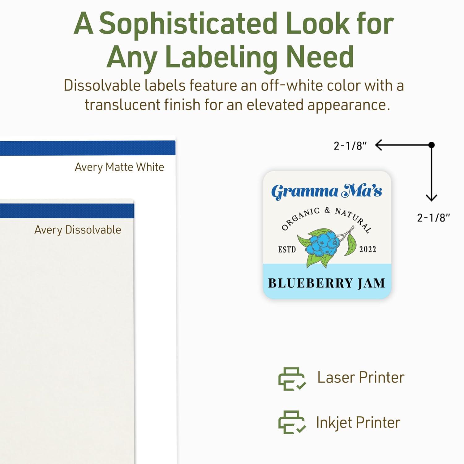 imageAvery Dissolvable Square Labels Sure Feed Technology 218quot x 218quot Matte White PrinttoTheEdge LaserInkjet Printable 120 Labels Total120 labels