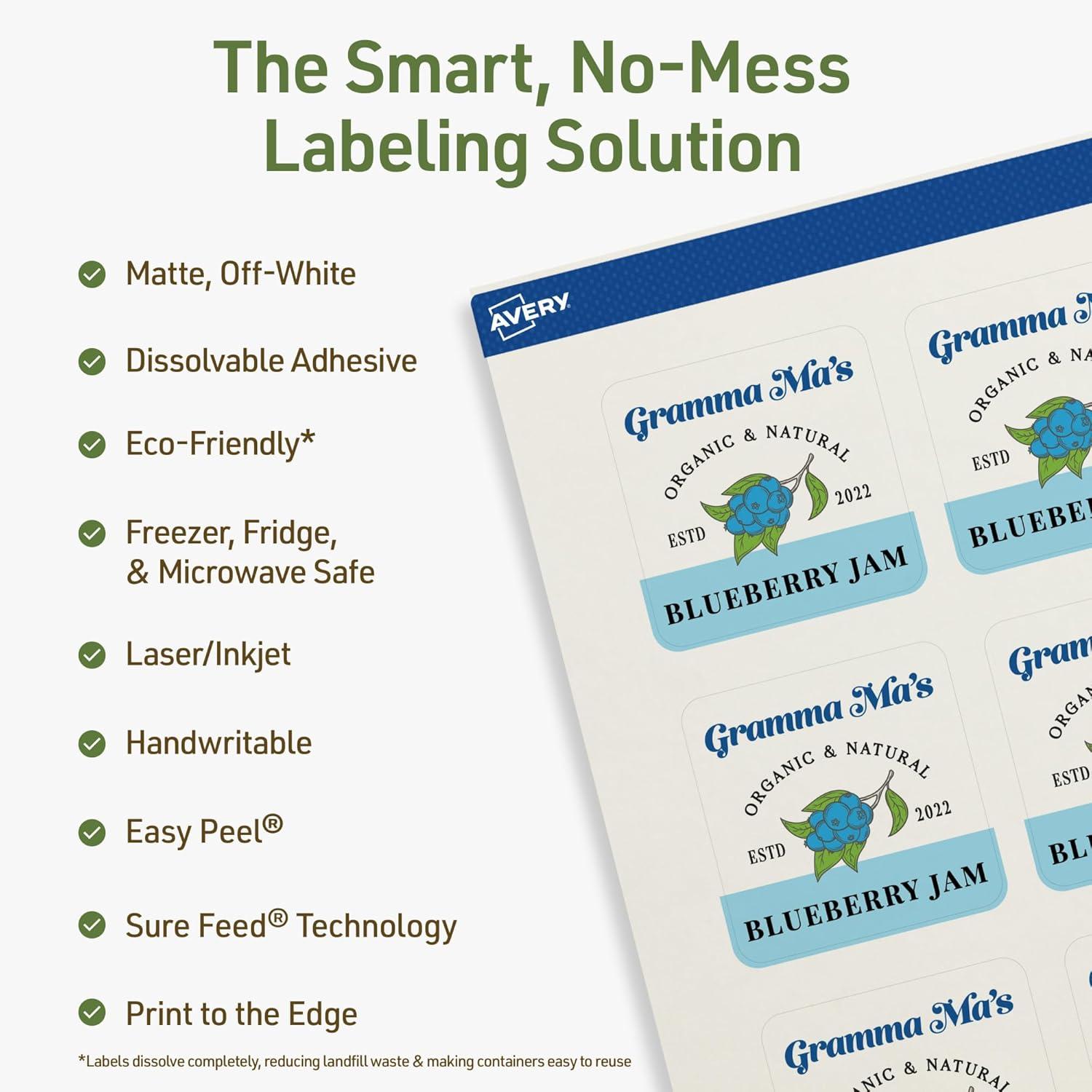 imageAvery Dissolvable Square Labels Sure Feed Technology 218quot x 218quot Matte White PrinttoTheEdge LaserInkjet Printable 120 Labels Total300 labels