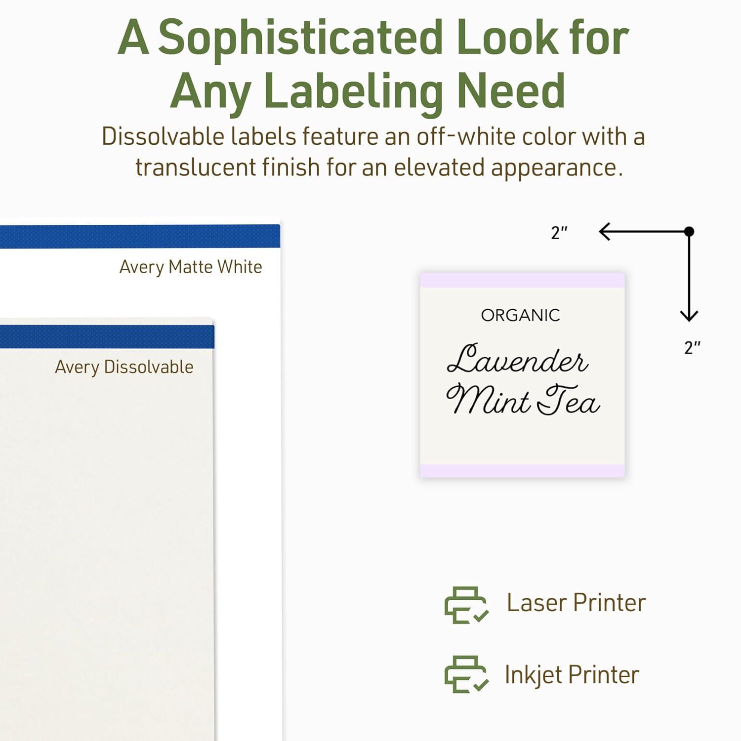 imageAvery Dissolvable Square Labels Sure Feed Technology 2quot x 2quot Matte White PrinttoTheEdge LaserInkjet Printable 120 Labels Total120 labels