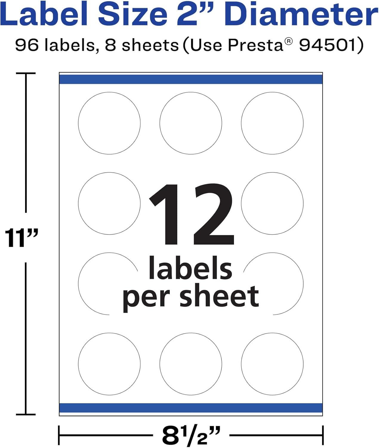 imageAvery Durable Removable Round Labels Sure Feed Technology 2quot Diameter Matte White Film WaterResistant PrinttoTheEdge LaserPigmentBased Inkjet Printable 96 Total96 labels