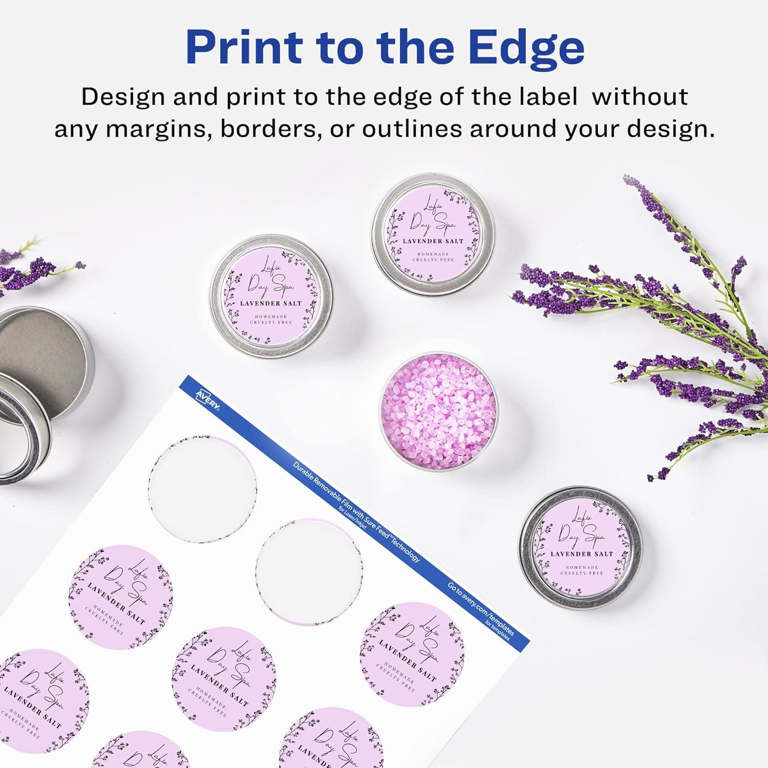 imageAvery Durable Removable Round Labels Sure Feed Technology 2quot Diameter Matte White Film WaterResistant PrinttoTheEdge LaserPigmentBased Inkjet Printable 96 Total96 labels