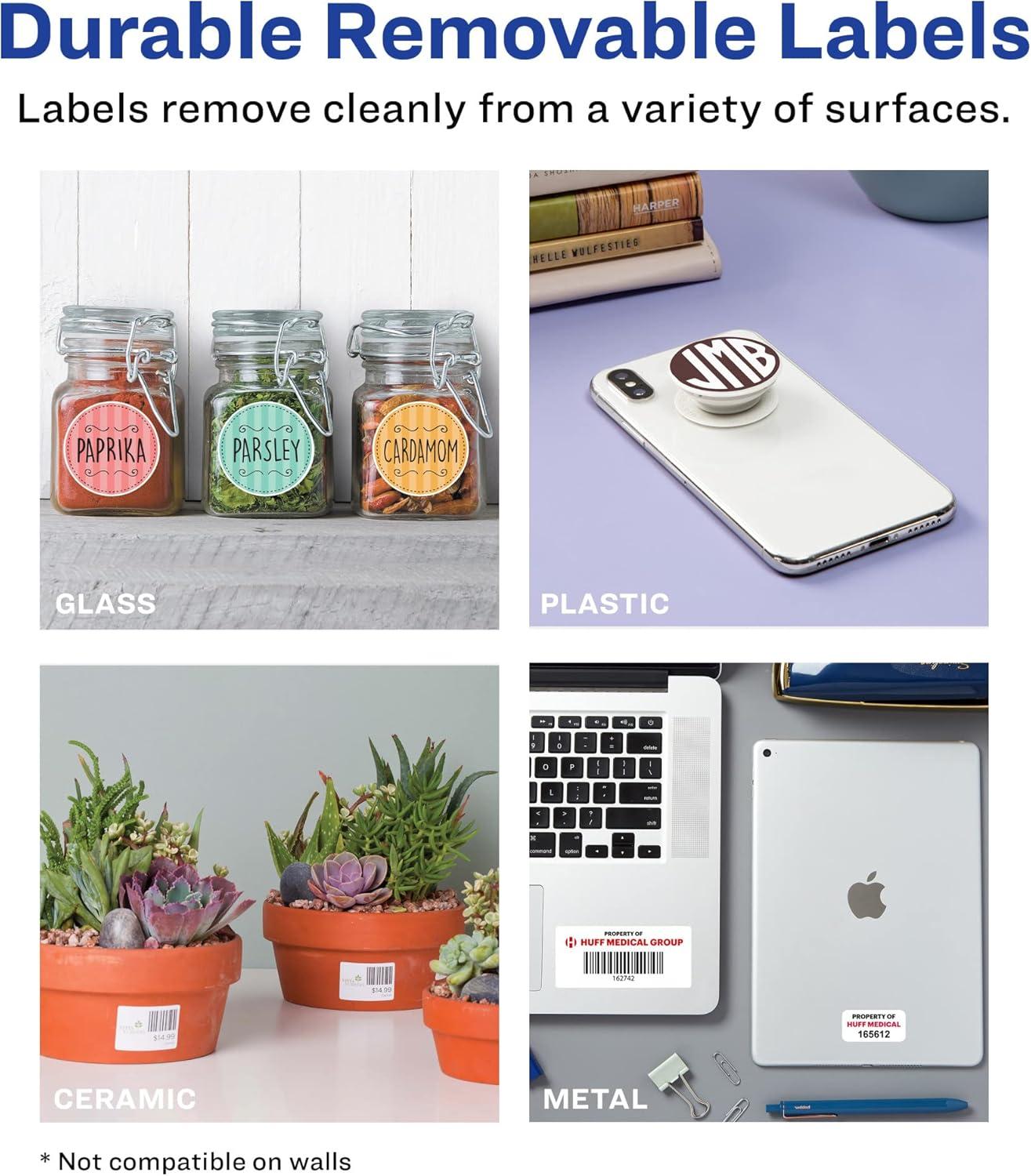 imageAvery Durable Removable Square Labels Sure Feed Technology 2quot x 2quot Matte White Film WaterResistant PrinttoTheEdge LaserPigmentBased Inkjet Printable 96 Total36 labels