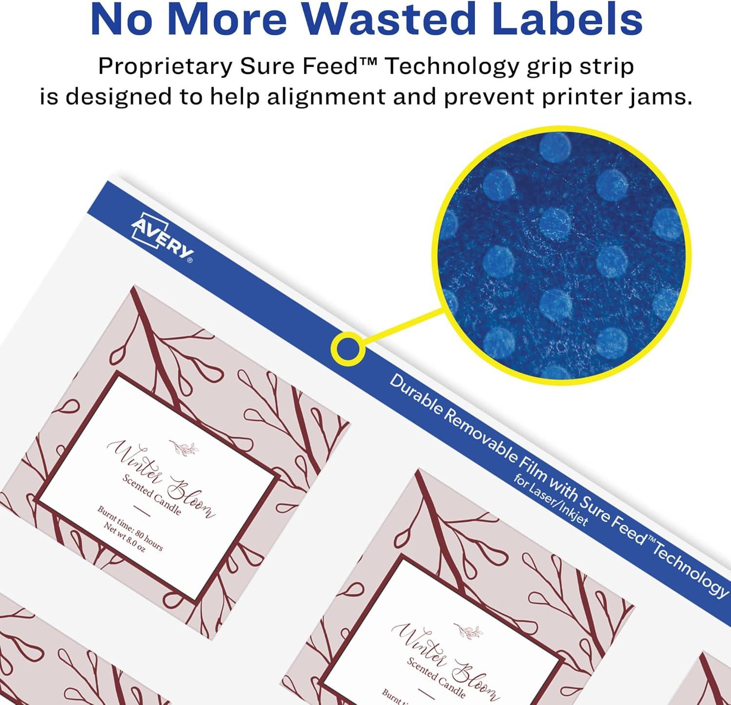 imageAvery Durable Removable Square Labels Sure Feed Technology 2quot x 2quot Matte White Film WaterResistant PrinttoTheEdge LaserPigmentBased Inkjet Printable 96 Total36 labels