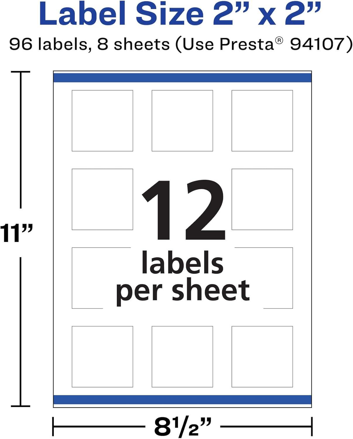 imageAvery Durable Removable Square Labels Sure Feed Technology 2quot x 2quot Matte White Film WaterResistant PrinttoTheEdge LaserPigmentBased Inkjet Printable 96 Total96 labels