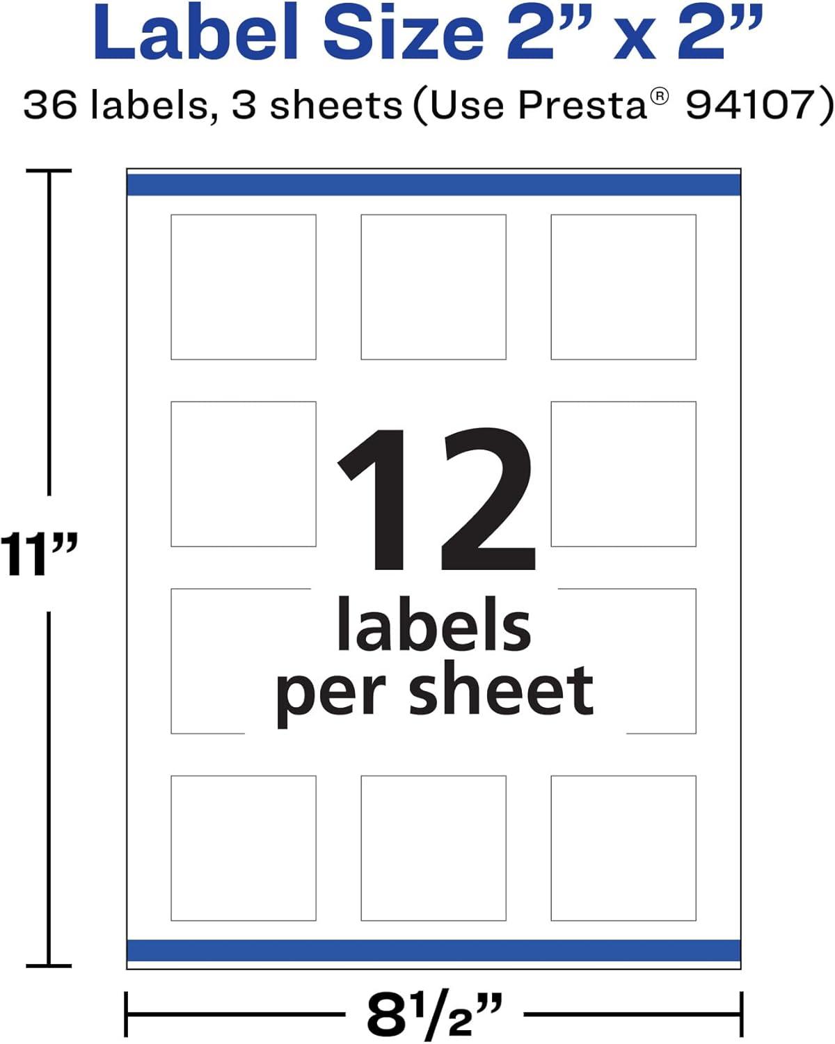 imageAvery Durable Removable Square Labels Sure Feed Technology 2quot x 2quot Matte White Film WaterResistant PrinttoTheEdge LaserPigmentBased Inkjet Printable 96 Total36 labels