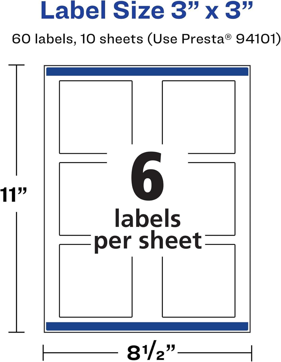 imageAvery Durable Waterproof Square Labels Sure Feed Technology PrinttoTheEdge 3quot x 3quot 60 Total Oil and TearResistant Waterproof LaserPigmentBased Inkjet Printable60 labels