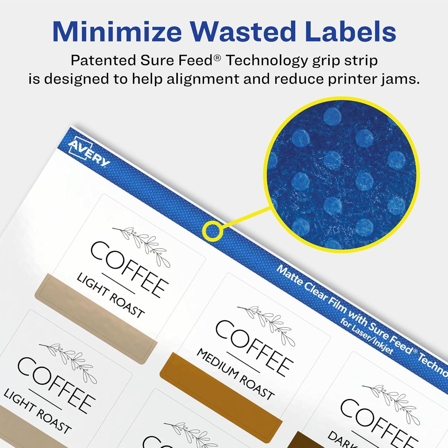 imageAvery Matte Clear Square Labels Sure Feed Technology 15quot x 15quot 200 Matte Clear Labels PrinttoTheEdge LaserInkjet Printable500 labels