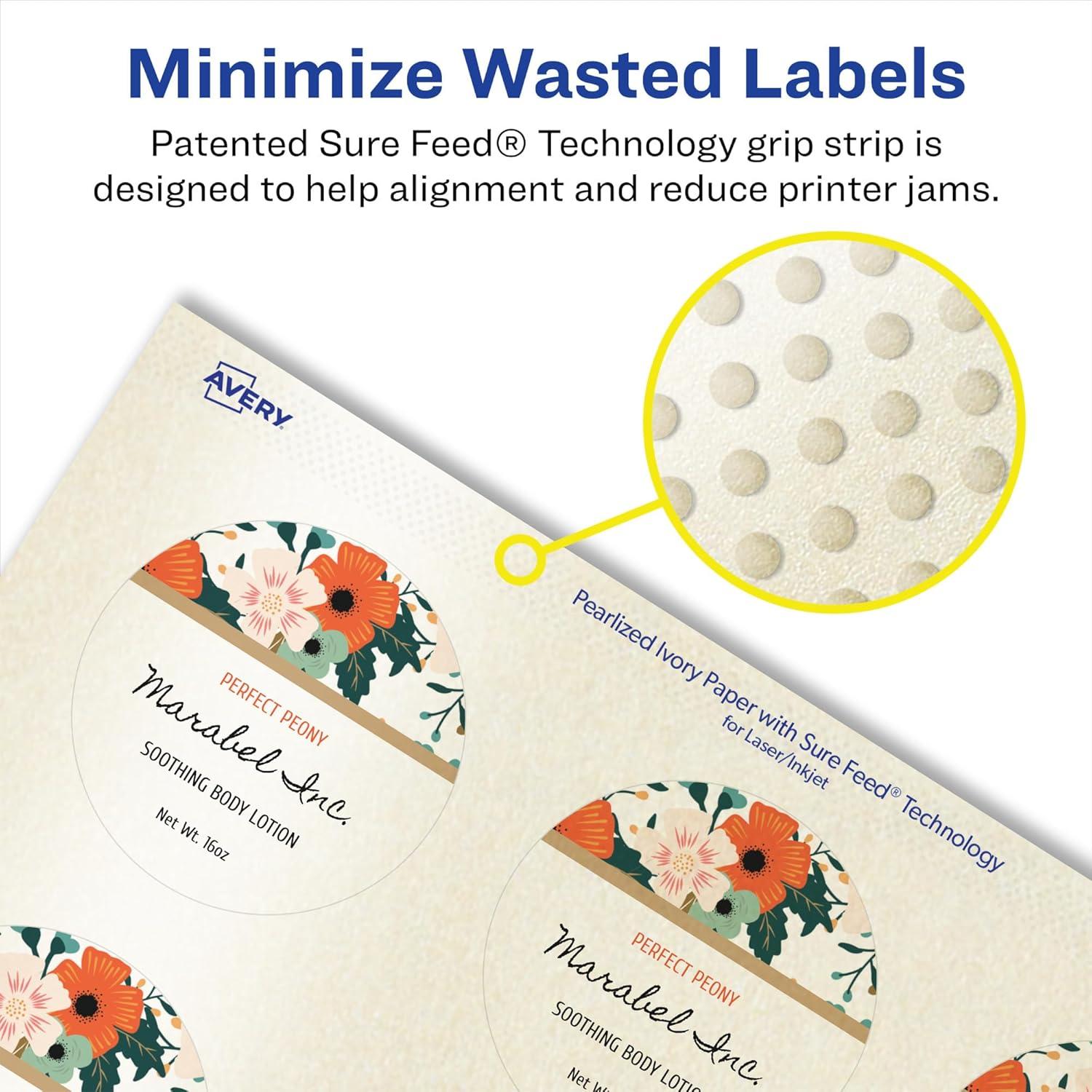 imageAvery Pearlized Ivory Round Labels Sure Feed Technology PrinttoTheEdge 175quot Diameter 200 Pearlized Ivory Labels LaserInkjet Printable500 labels