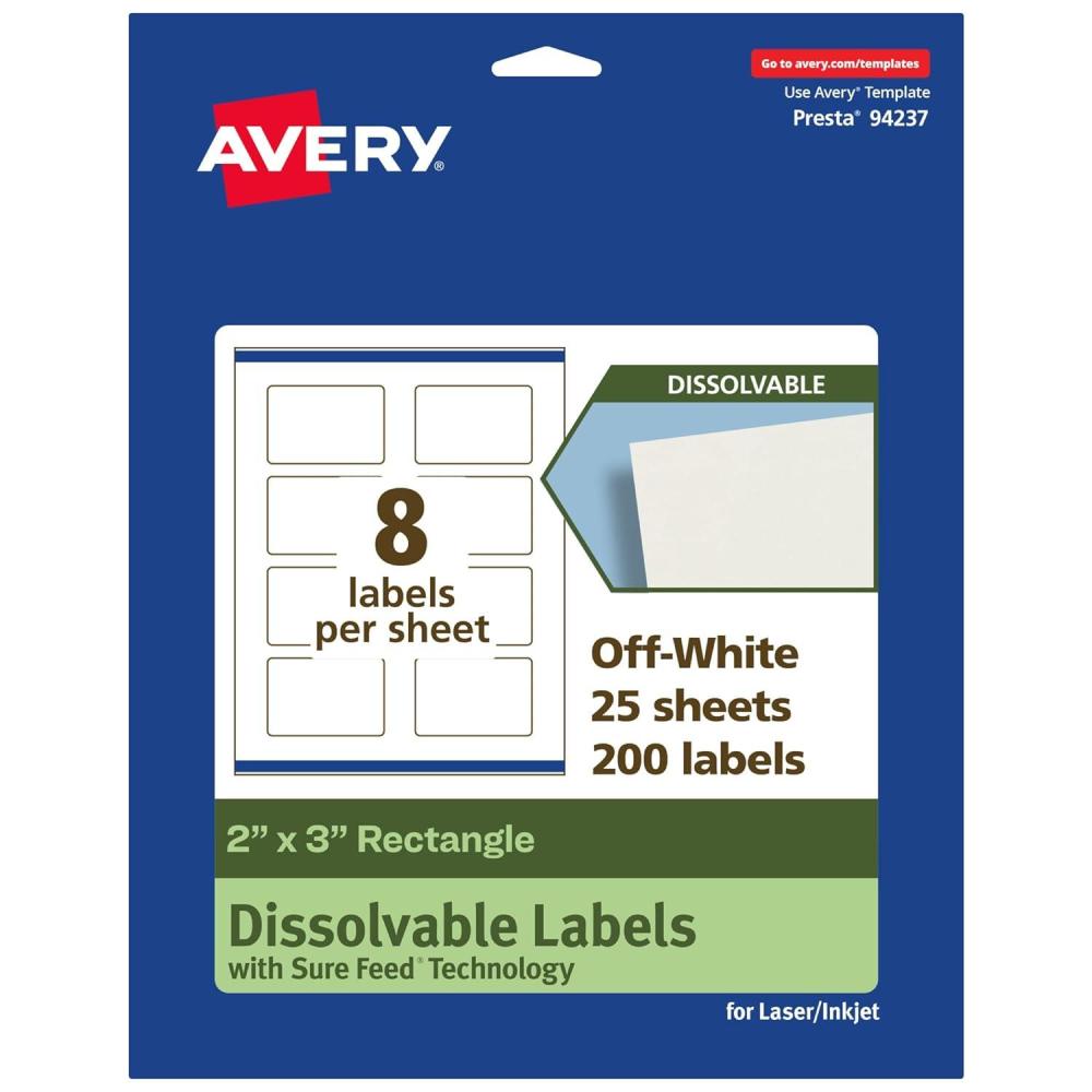 imageAvery Dissolvable Rectangle Labels Sure Feed Technology 2quot x 3quot Matte White PrinttoTheEdge LaserInkjet Printable 200 Labels Total200 labels