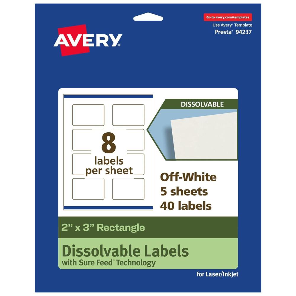 imageAvery Dissolvable Rectangle Labels Sure Feed Technology 2quot x 3quot Matte White PrinttoTheEdge LaserInkjet Printable 200 Labels Total40 labels
