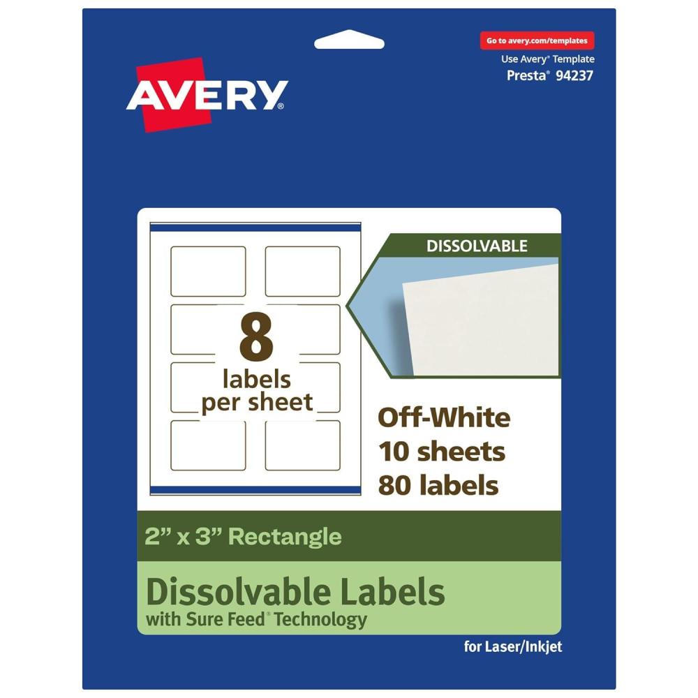 imageAvery Dissolvable Rectangle Labels Sure Feed Technology 2quot x 3quot Matte White PrinttoTheEdge LaserInkjet Printable 200 Labels Total80 labels