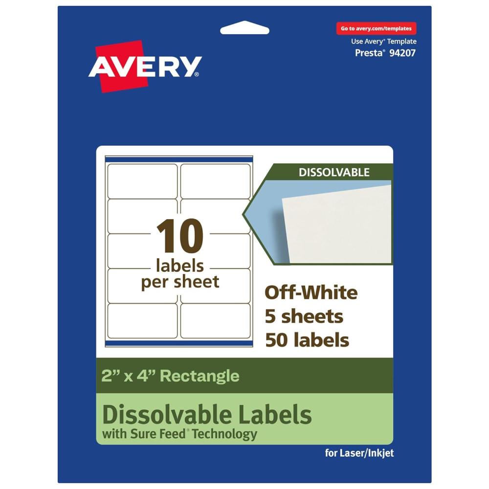 imageAvery Dissolvable Rectangle Labels Sure Feed Technology 2quot x 4quot Matte White LaserInkjet Printable 250 Labels Total FreezerSafe MicrowaveSafe RefrigeratorSafe50 labels