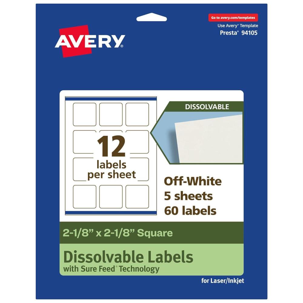 imageAvery Dissolvable Square Labels Sure Feed Technology 218quot x 218quot Matte White PrinttoTheEdge LaserInkjet Printable 120 Labels Total60 labels