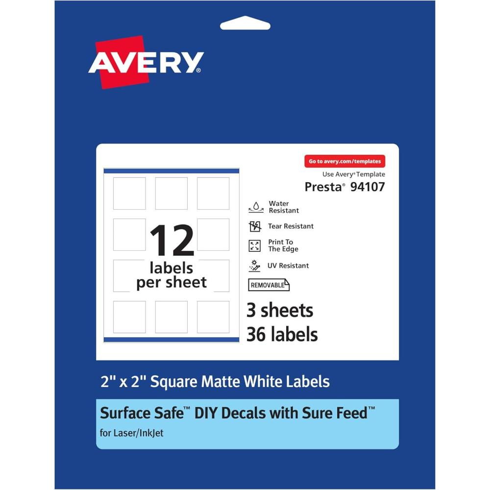 imageAvery Durable Removable Square Labels Sure Feed Technology 2quot x 2quot Matte White Film WaterResistant PrinttoTheEdge LaserPigmentBased Inkjet Printable 96 Total36 labels