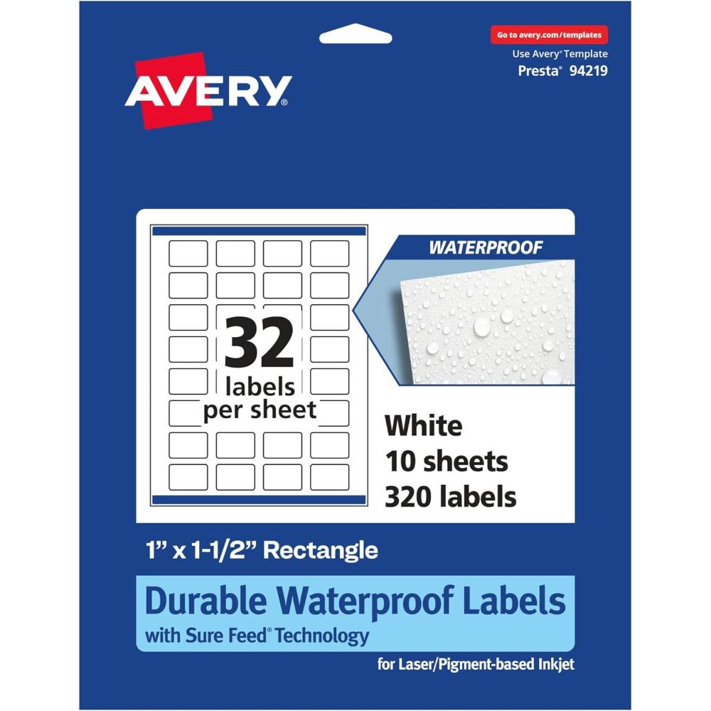 imageAvery Durable Waterproof Rectangle Labels Sure Feed Technology 1quot x 15quot 320 Total Oil and TearResistant Waterproof Labels PrinttoTheEdge LaserPigmentBased Inkjet Printable320 labels