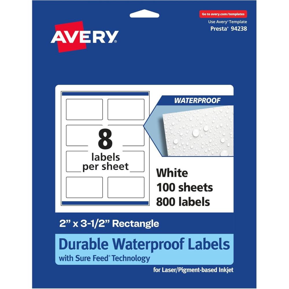 imageAvery Durable Waterproof Rectangle Labels Sure Feed Technology 2quot x 35quot 80 Total Oil and TearResistant Waterproof Labels PrinttoTheEdge LaserPigmentBased Inkjet Printable800 labels