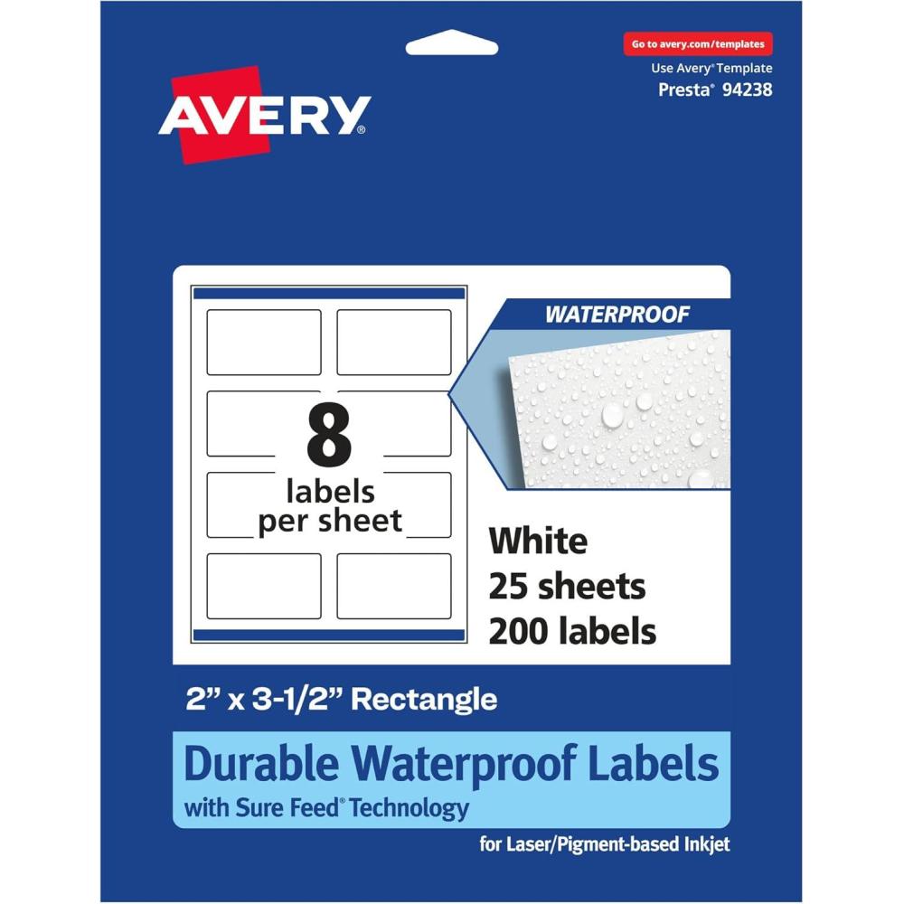 imageAvery Durable Waterproof Rectangle Labels Sure Feed Technology 2quot x 35quot 80 Total Oil and TearResistant Waterproof Labels PrinttoTheEdge LaserPigmentBased Inkjet Printable200 labels