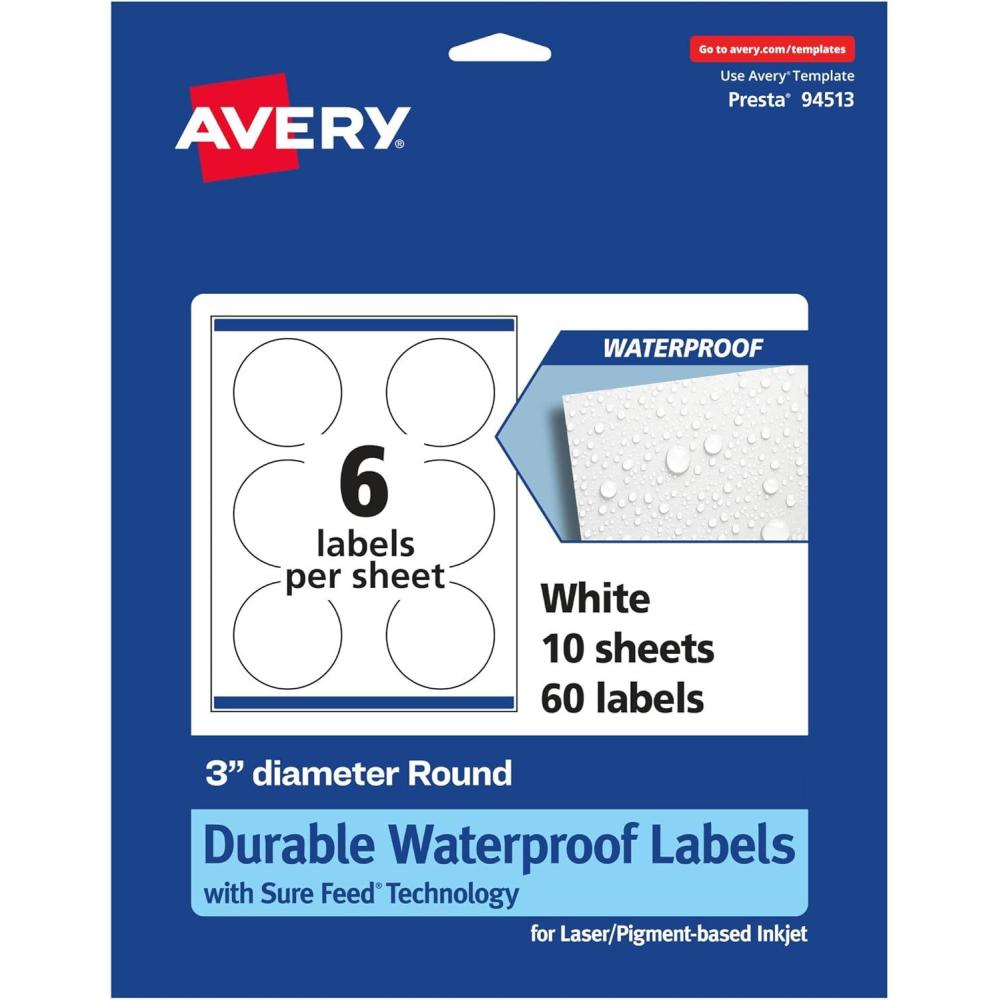 imageAvery Durable Waterproof Round Labels Sure Feed Technology PrinttoTheEdge 3quot Diameter 150 Total Oil and TearResistant Waterproof LaserPigmentBased Inkjet Printable60 labels
