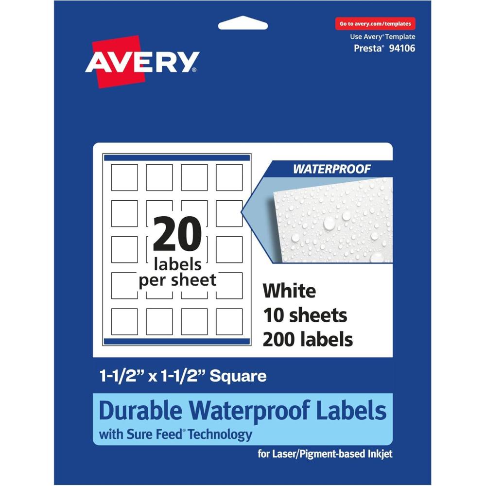 imageAvery Durable Waterproof Square Labels Sure Feed Technology 15quot x 15quot 200 Total Oil and TearResistant Waterproof Labels PrinttoTheEdge LaserPigmentBased Inkjet Printable200 labels