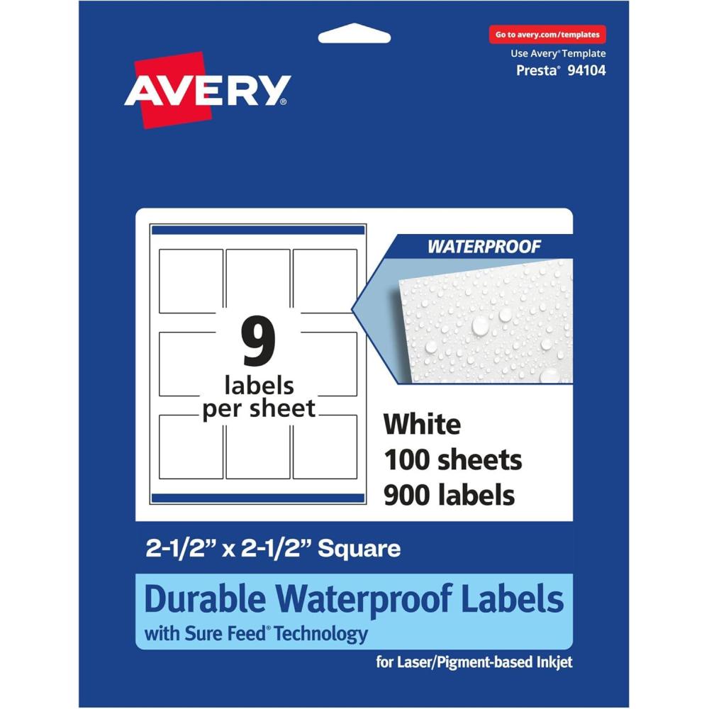 imageAvery Durable Waterproof Square Labels Sure Feed Technology 25quot x 25quot 90 Total Oil and TearResistant Waterproof Labels LaserPigmentBased Inkjet Printable900 labels