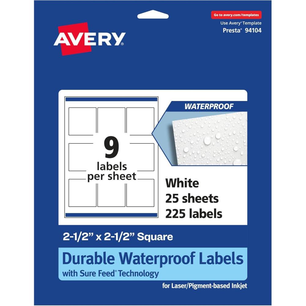 imageAvery Durable Waterproof Square Labels Sure Feed Technology 25quot x 25quot 90 Total Oil and TearResistant Waterproof Labels LaserPigmentBased Inkjet Printable225 labels