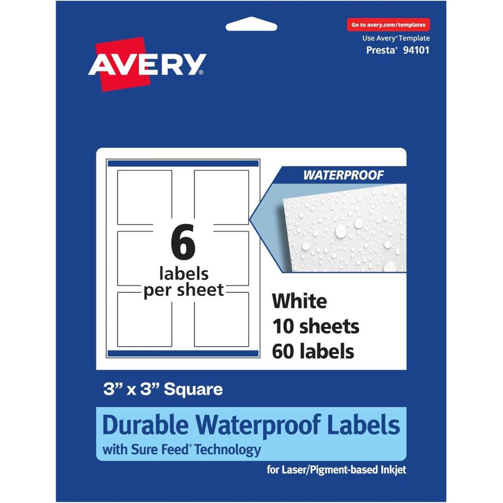 imageAvery Durable Waterproof Square Labels Sure Feed Technology PrinttoTheEdge 3quot x 3quot 60 Total Oil and TearResistant Waterproof LaserPigmentBased Inkjet Printable60 labels