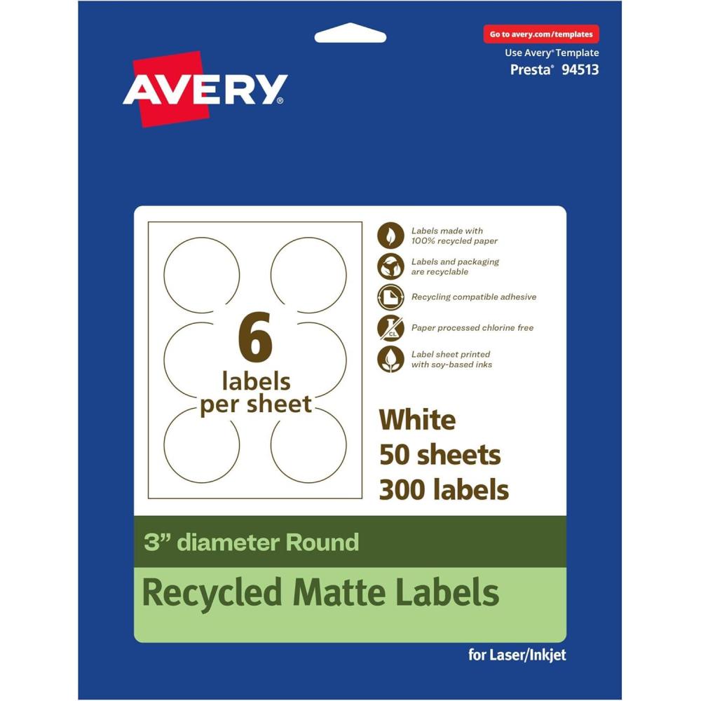 imageAvery EcoFriendly Matte White Recycled Round Labels 3quot Diameter PrinttoTheEdge Matte White Labels Permanent Adhesive LaserInkjet Printable 60 Total300 labels