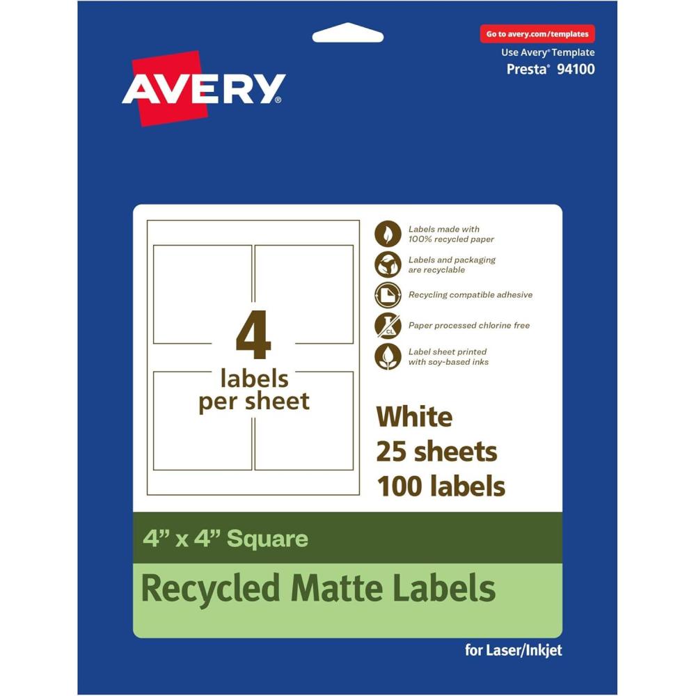 imageAvery EcoFriendly Matte White Recycled Square Labels 4quot x 4quot Matte White Labels Permanent Adhesive LaserInkjet Printable 40 Total100 labels